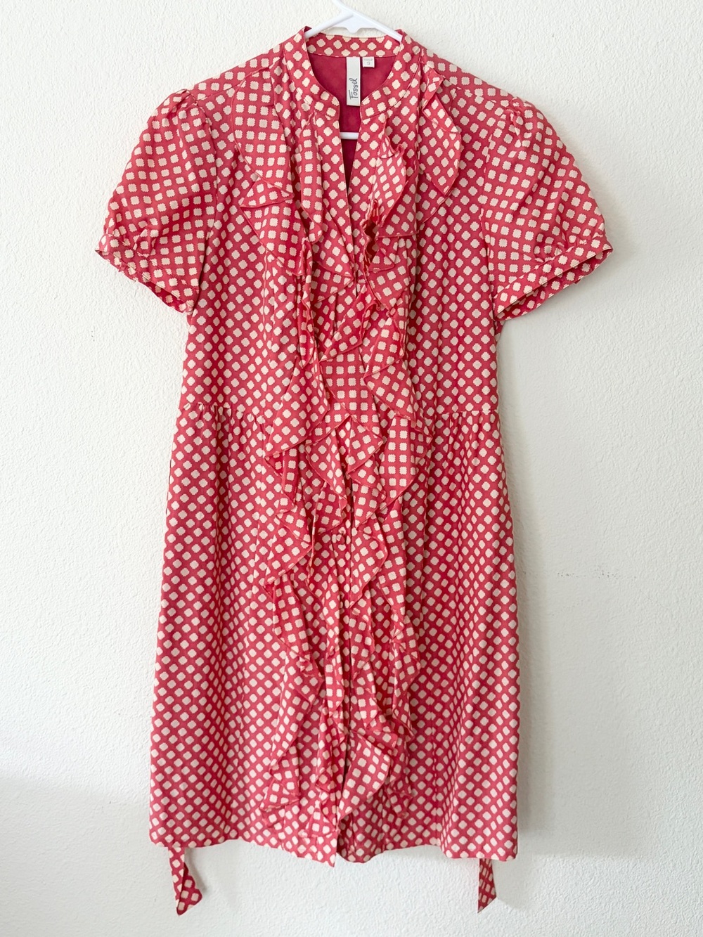 Fossil Women's Red Geometric Print Ruffle Front Dress with Belt Size S